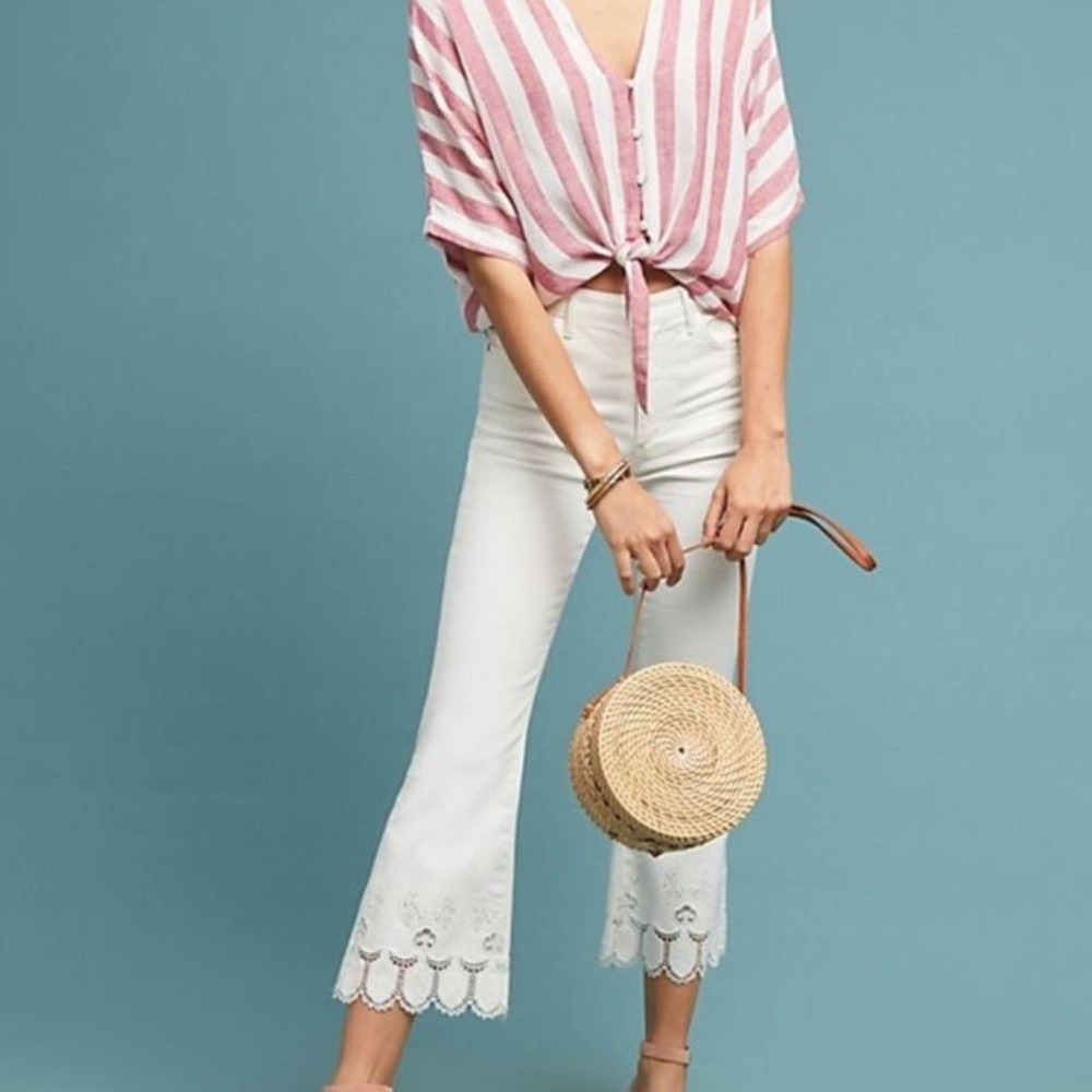 PILCRO & the Letterpress Anthropologie High Rise Flare Lace White Jeans …